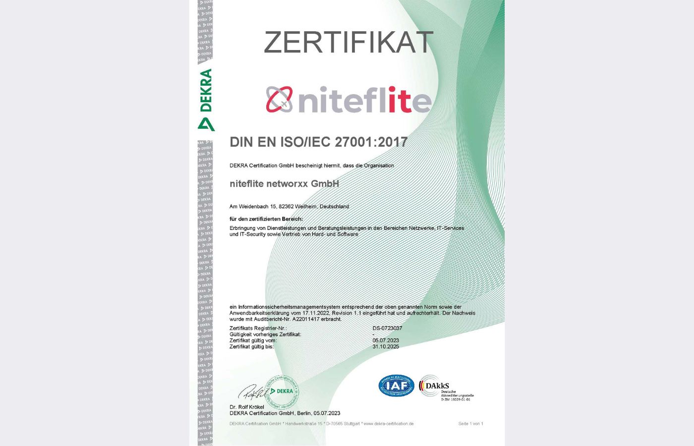 ISO 27001 Zertifikat von niteflite